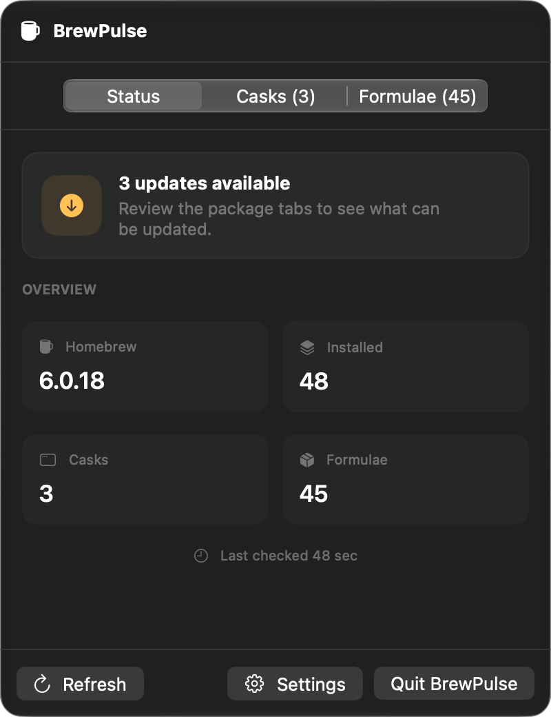 BrewPulse’s Homebrew package status window